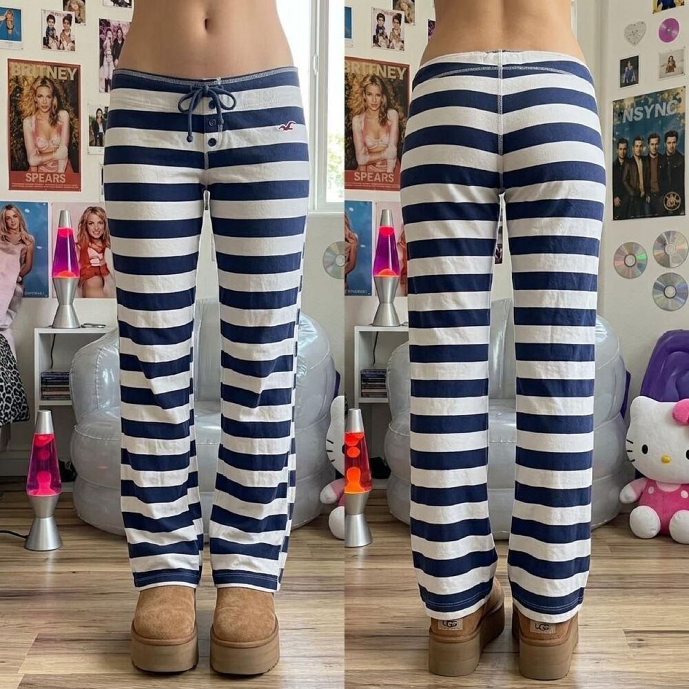 Y2K Hollister Blue White Striped Lounge Pants Low Rise Size Small Sleep Preppy